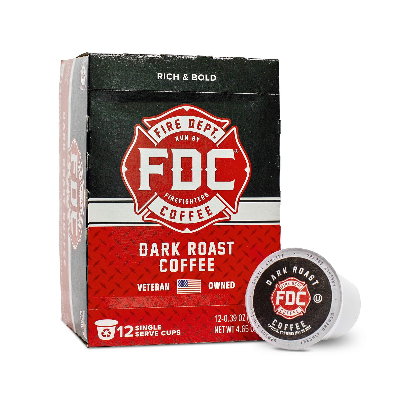 A 12-pack box of Fire Department Coffee's Dark Roast Coffee Pods.