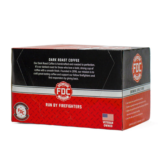 A 12-pack box of Fire Department Coffee’s Dark Roast Coffee Pods.