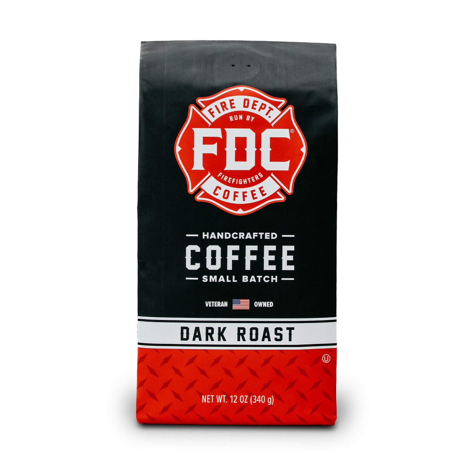 A 12 ounce package of Fire Department Coffee's Dark Roast.