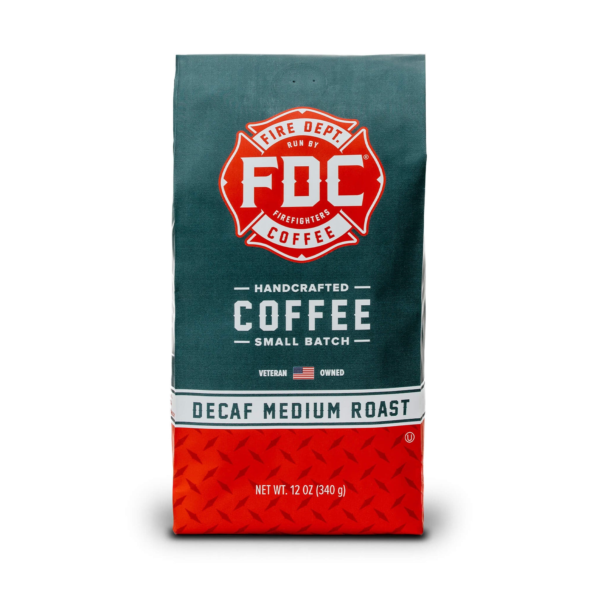 A 12 ounce package of Fire Department Coffee's Decaf Medium Roast.