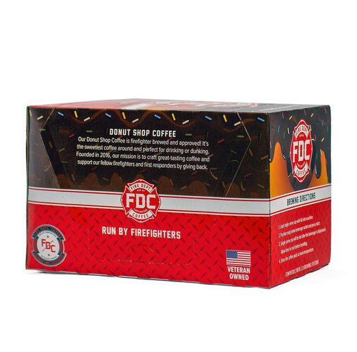 A 12 count box of Fire Department Coffee’s Donut Shop Coffee Pods 