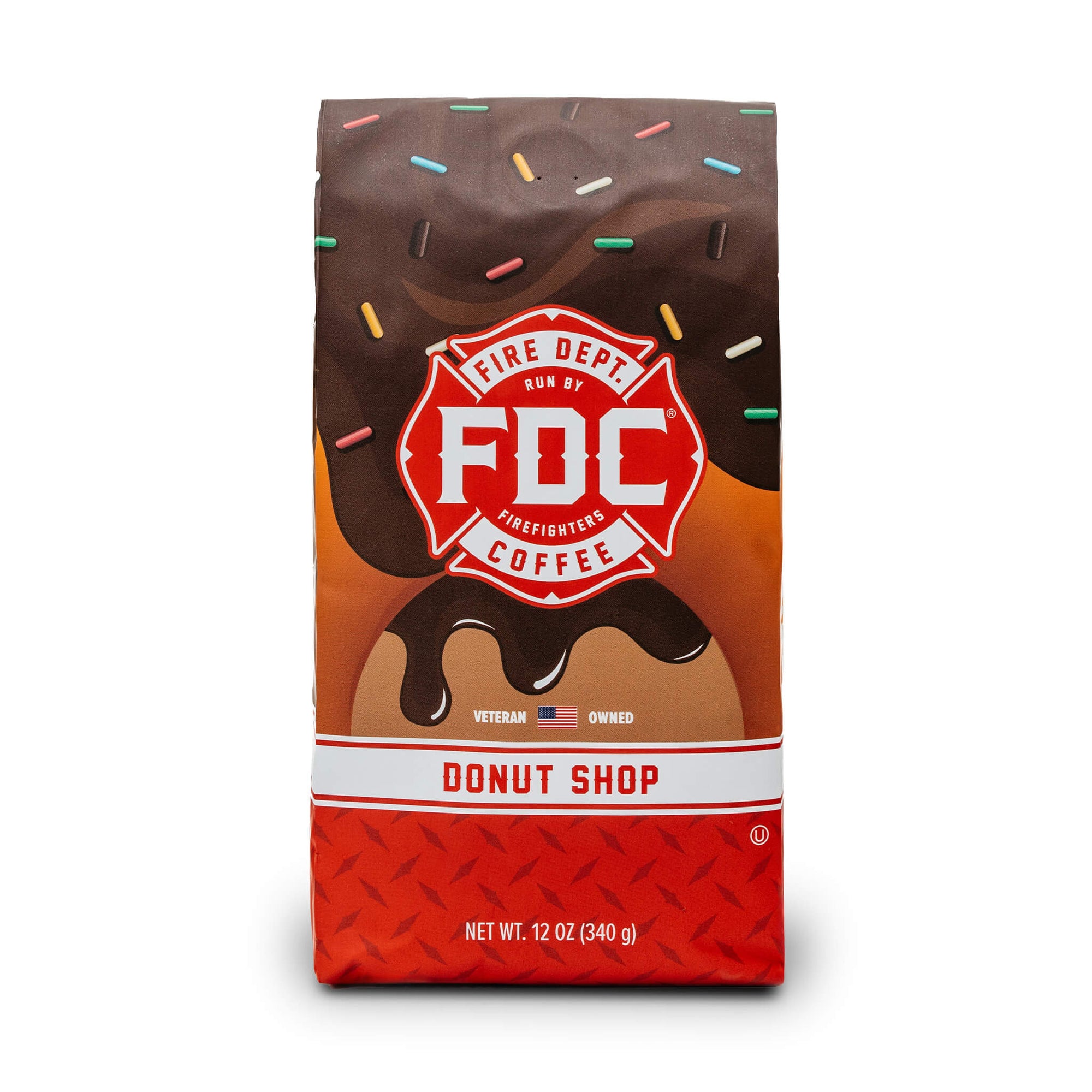 A 12 ounce package of Fire Department Coffee's Donut Shop Coffee.