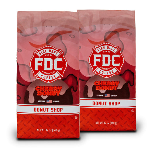 Two 12 oz bags of Fire Department Coffee’s Cherry Donut Coffee
