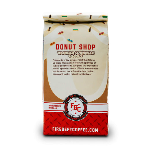 Fire Dept. Coffee’s 12 ounce Vanilla Sprinkle Donut Shop Coffee in a rectangular package