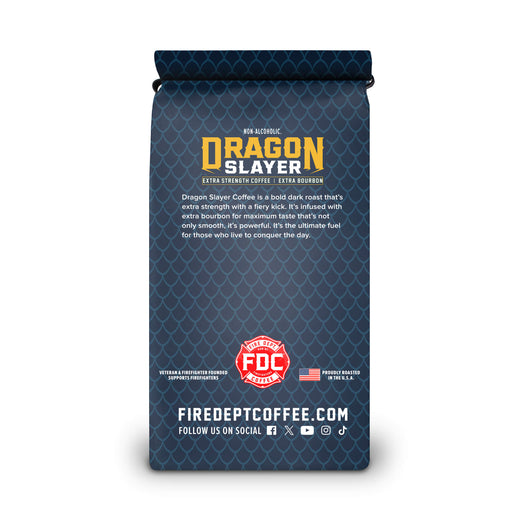 The back of the Dragon Slayer Bourbon Infused coffee bag with Fire Department Coffee branding and text on a white background.