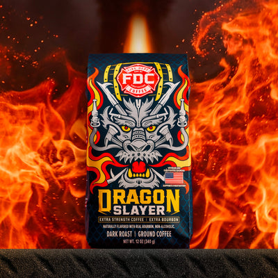 Fire Dept. Coffee's 12 ounce Dragon Slayer Bourbon Infused Coffee in a rectangular package.