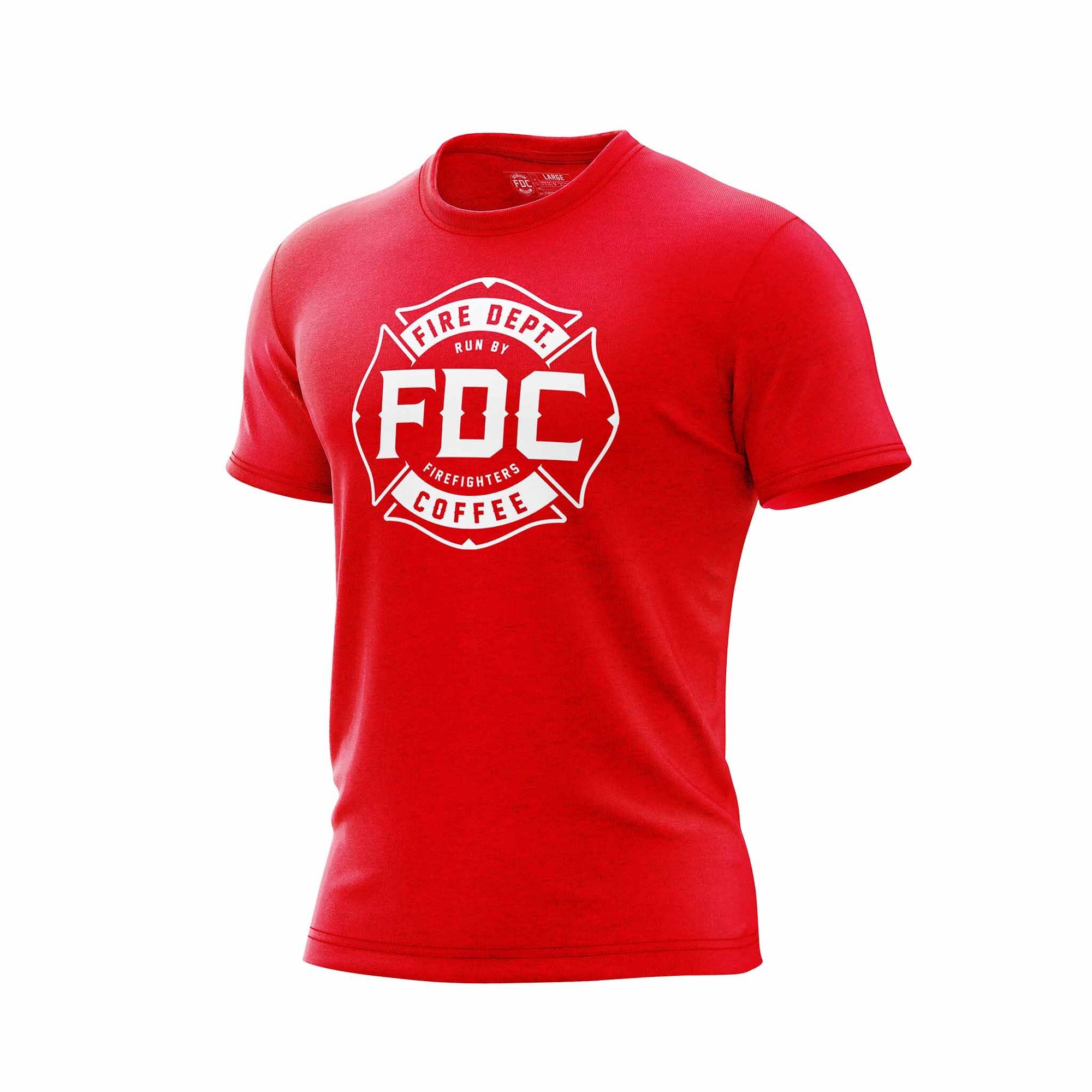 A red Fire Department Coffee T Shirt, featuring FDC's maltese cross logo in white.