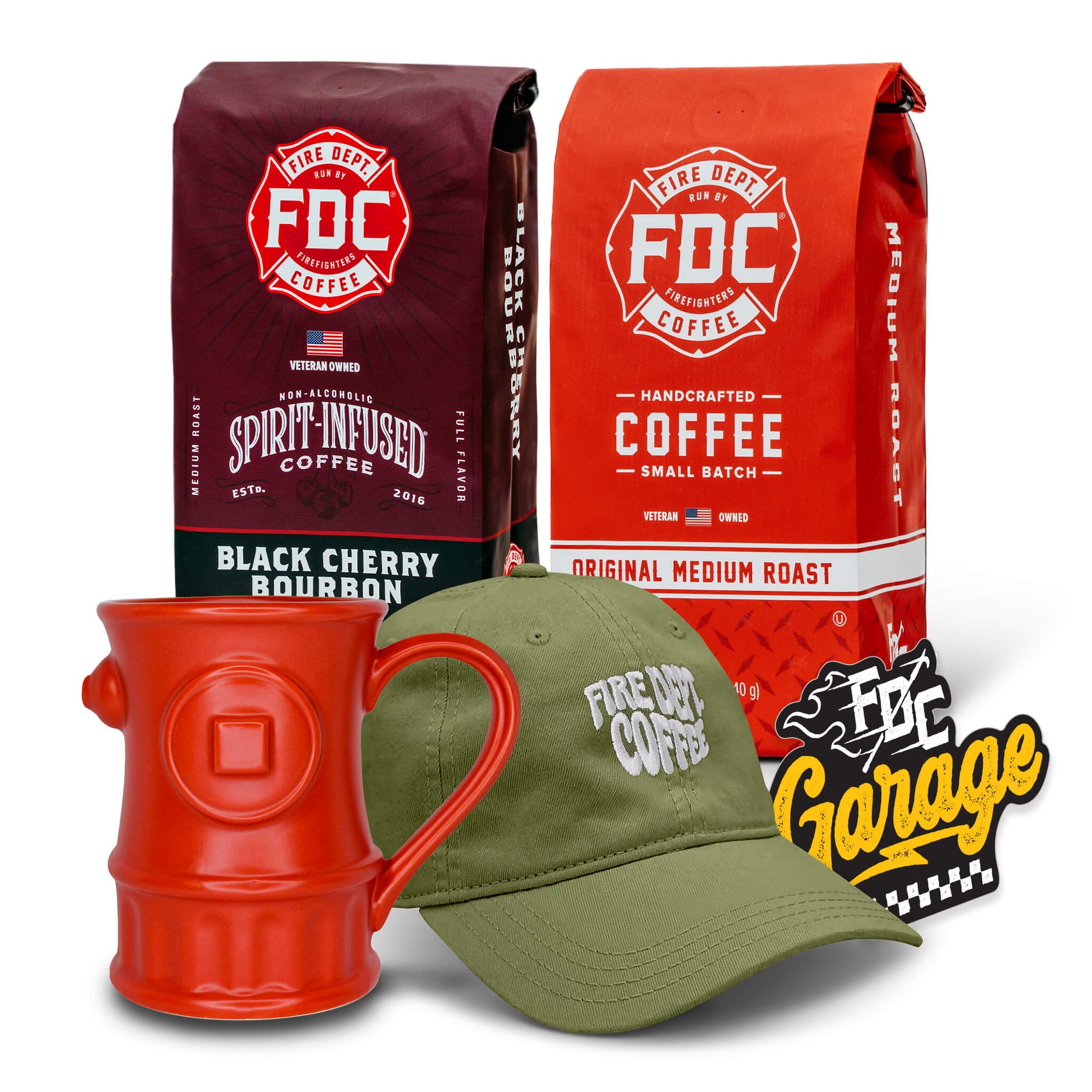 A bag of Black Cherry Bourbon coffee and medium roast coffee with a red fire hydrant mug, green dad hat and sticker in front on a white background.