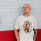 A lifestyle image of someone wearing the Female Firefighter Shirt. The front of the shirt features imagery of a female firefighter with text that reads, ”Putting out fires for over 200 years”.