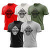 Five t-shirts with skull designs wearing firefighter hats in red, vintage white, military green, black, and heather gray.