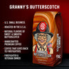 Granny's Butterscotch coffee bag with a firefighter graphic and text about the product.