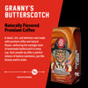 Granny's Butterscotch coffee package with a red background and coffee description text.
