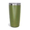 The back side of a 20 ounce green tumbler
