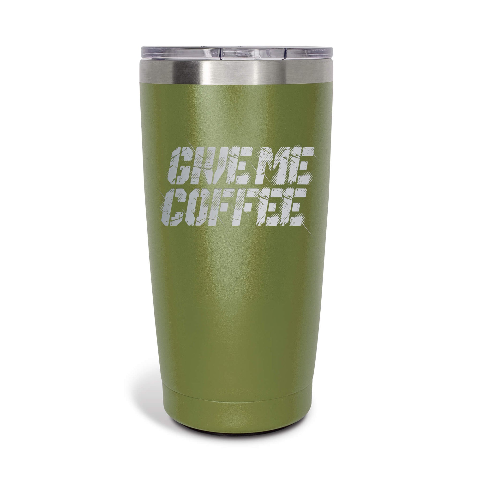 A green tumbler that says GIVE ME COFFEE on the front.