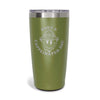 The front of the Have A Caffeinated Day Green Tumbler 20oz. Showing a retro smiley-face design.