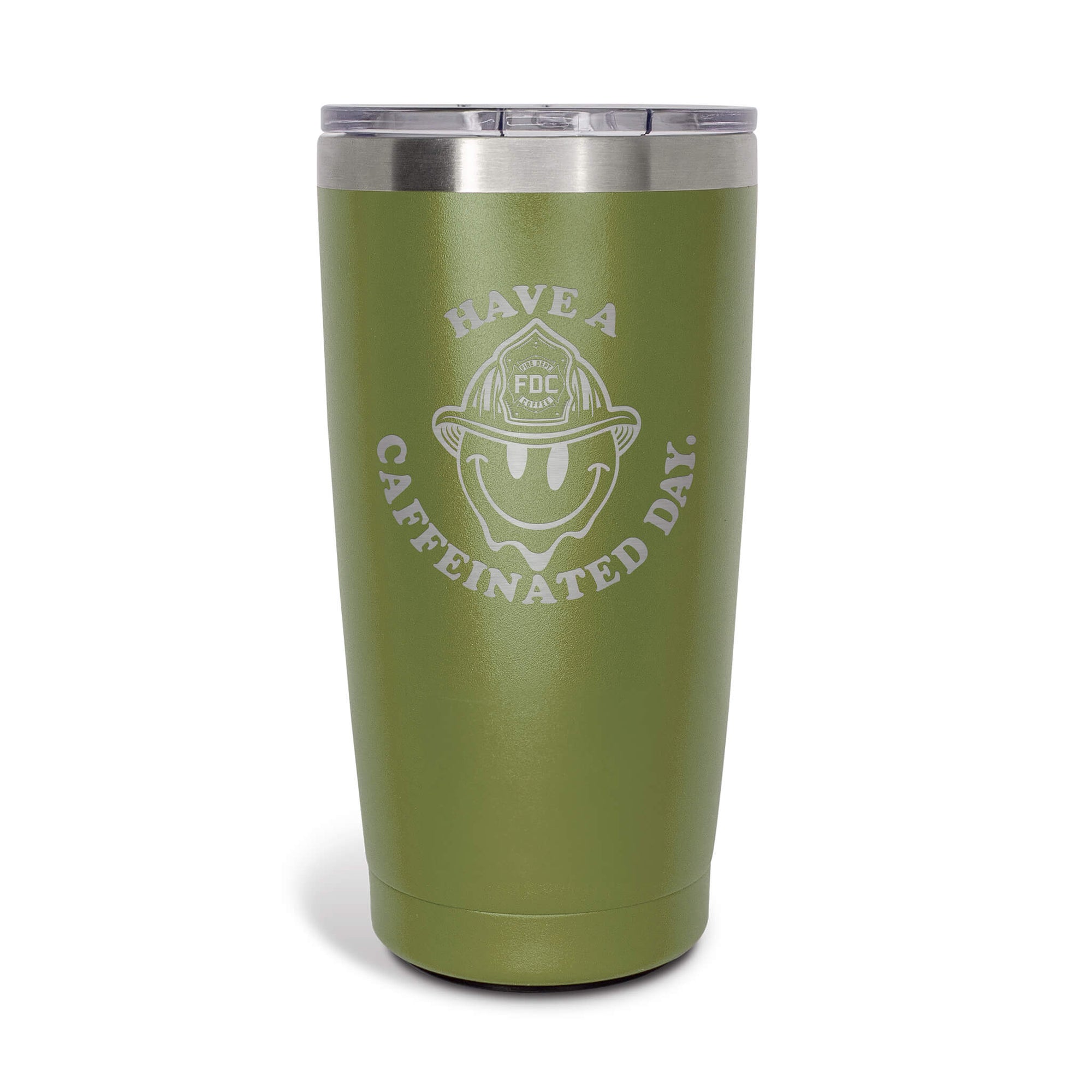 The front of the Have A Caffeinated Day Green Tumbler 20oz. Showing a retro smiley-face design.