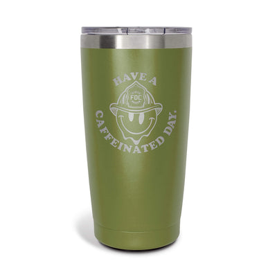 The front of the Have A Caffeinated Day Green Tumbler 20oz. Showing a retro smiley-face design.