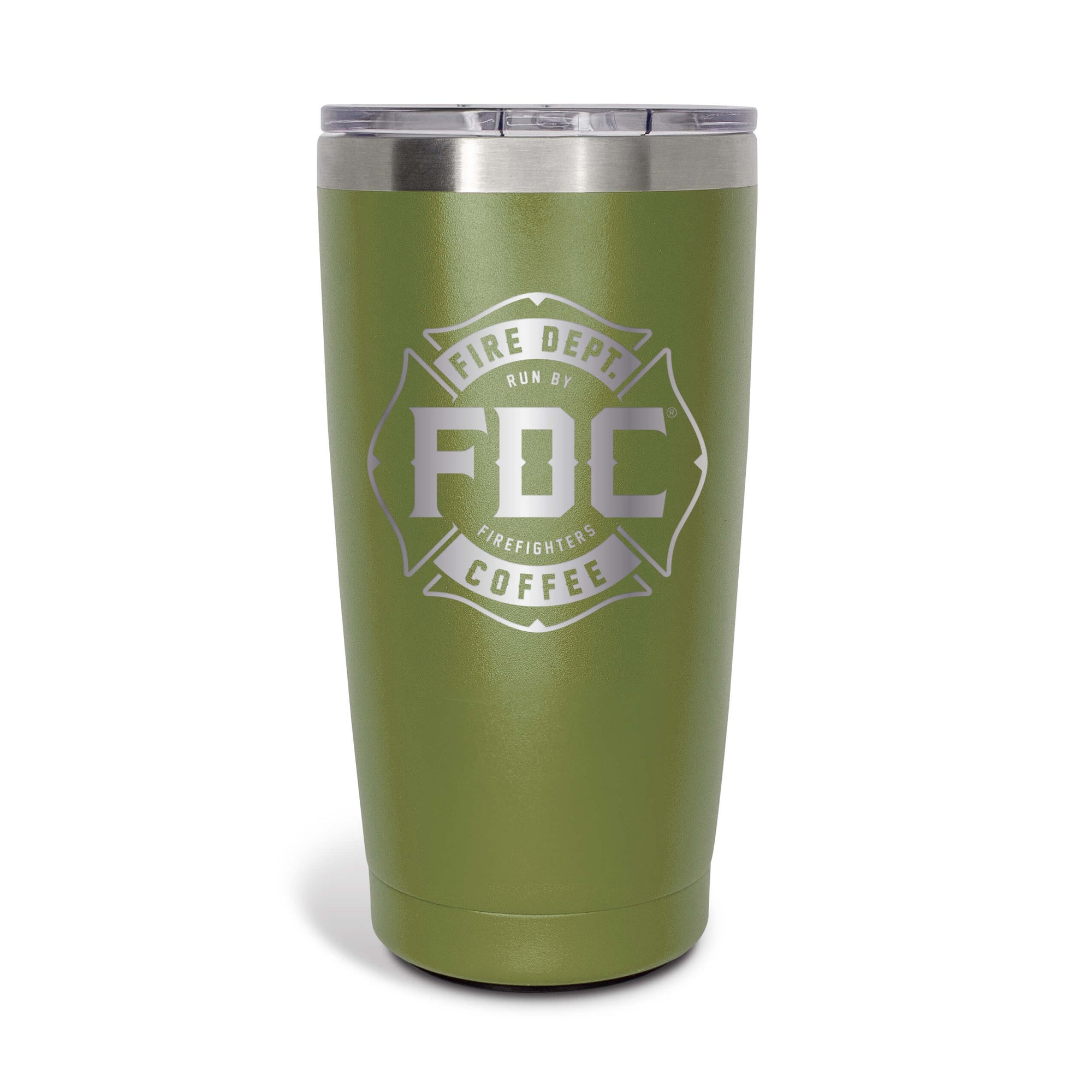 A 20 ounce green tumbler that has an FDC maltese cross logo engraved on the front