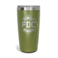 A 20 ounce green tumbler that has an FDC maltese cross logo engraved on the front