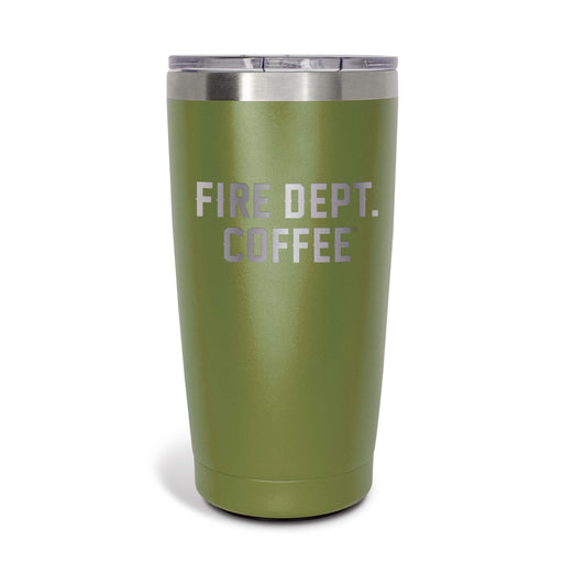A 20 ounce green tumbler that has FIRE DEPT. COFFEE engraved on the front