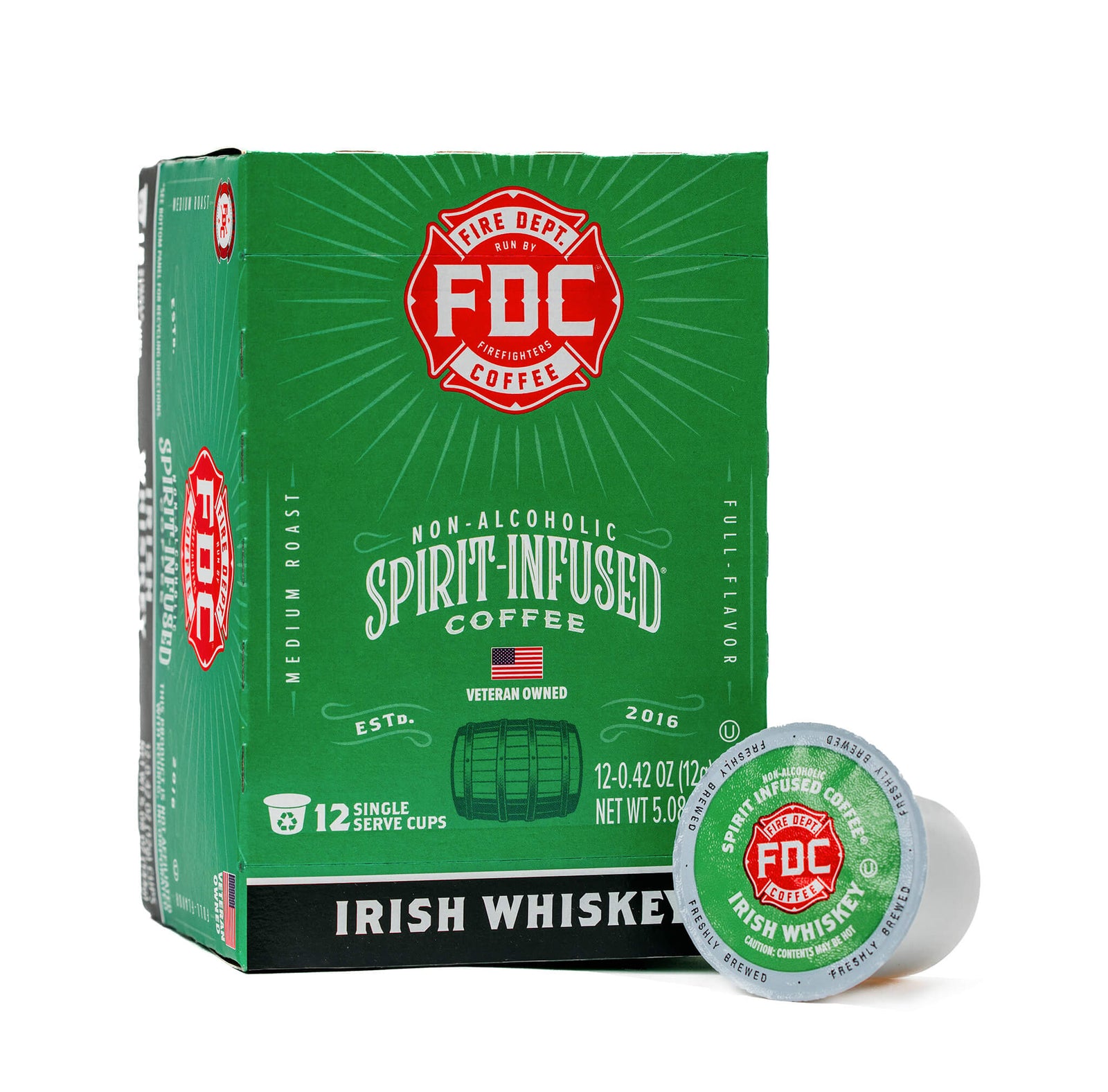 12 count box of Fire Department Coffee's Irish Whiskey Infused Coffee Pods