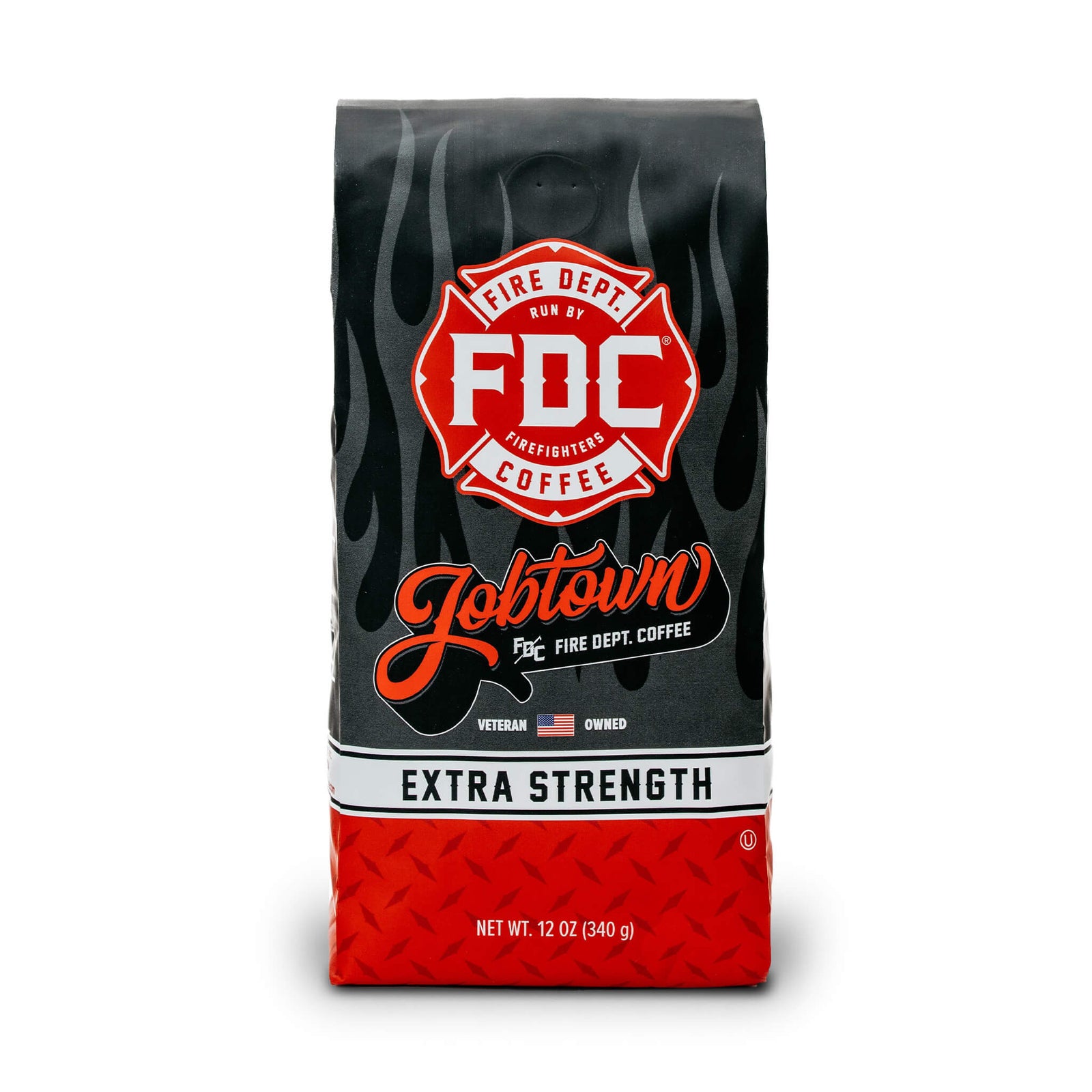 A 12 oz bag of Fire Department Coffee's Jobtown Extra Strength Coffee