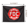 Black flag with a red FDC maltese cross logo in the center. Dimensions of the flag are 5ft by 3ft