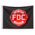 Black flag with a red FDC maltese cross logo in the center