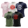 Five Fire Dept. Coffee T-shirts in pink, vintage white, navy, military green, and black, each featuring an FDC Maltese cross logo in various colors 