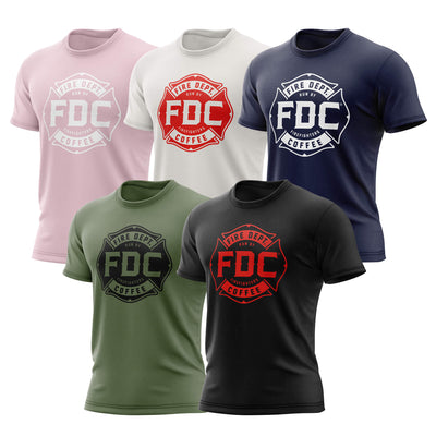 Five Fire Dept. Coffee T-shirts in pink, vintage white, navy, military green, and black, each featuring an FDC Maltese cross logo in various colors 
