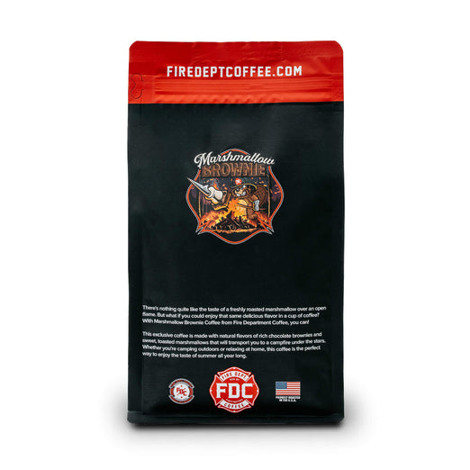 A bag of Fire Department Coffee’s 12 oz Marshmallow Brownie Coffee view from the back.
