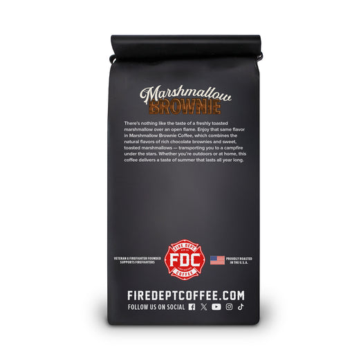 A bag of Fire Department Coffee’s 12 oz Marshmallow Brownie Coffee view from the back.