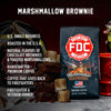 A bag of Marshmallow Brownie with bullet points that read, "U.S small business, roasted in the U.S.A, natural flavors of chocolate brownies and toasted marshmallows, handcrafted premium coffee, coffee that gives back to firefighters, firefighter and veteran owned".