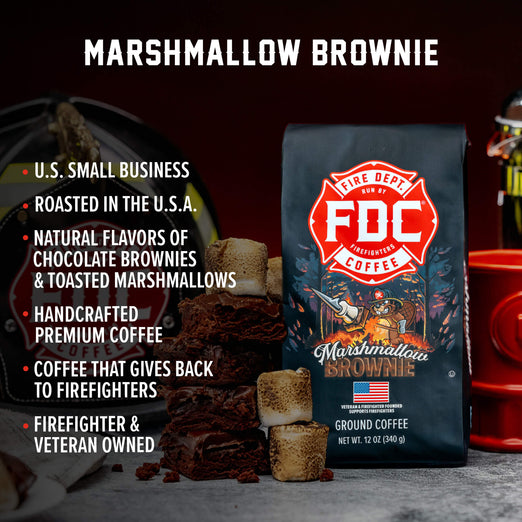 A bag of Marshmallow Brownie with bullet points that read, ”U.S small business, roasted in the U.S.A, natural flavors of chocolate brownies and toasted marshmallows, handcrafted premium coffee, coffee that gives back to firefighters, firefighter and veteran owned”.