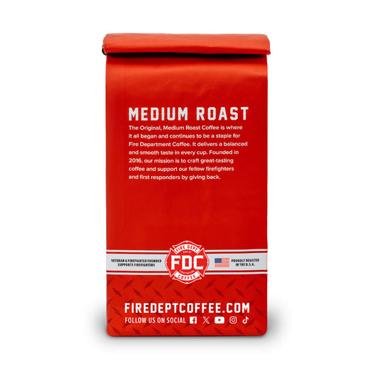 Back of the 12 oz bag of Fire Department Coffee’s Original Medium Roast Coffee