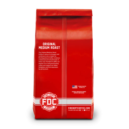 The back of the 5lb bag of Fire Department Coffee’s Original Medium Roast on a solid white background.