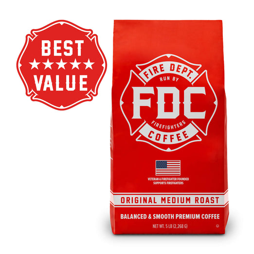 A 5lb bag of Fire Department Coffee’s Original Medium Roast with a ”best value” tag in the top left corner