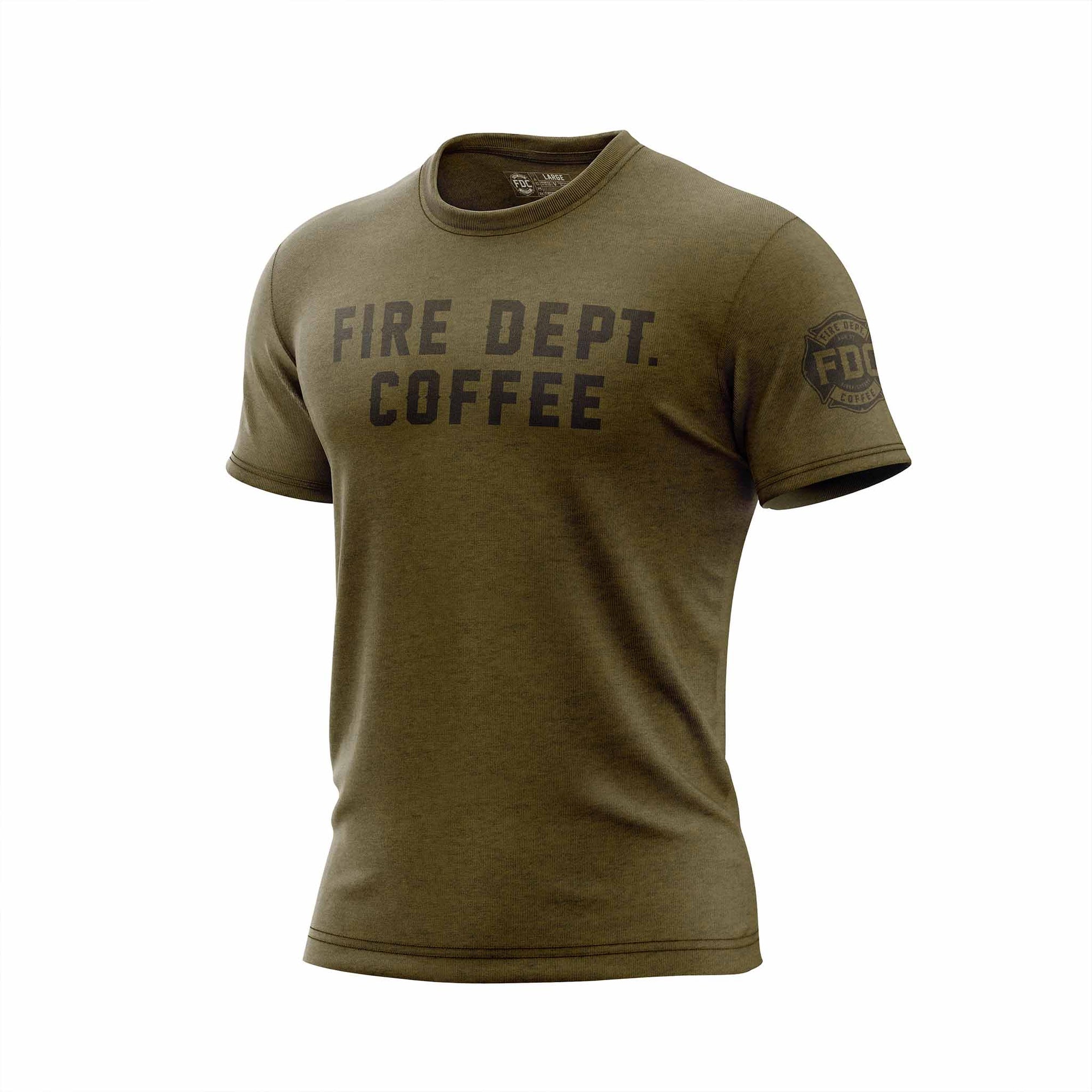 Military green short sleeve t shirt with "Fire Dept. Coffee" in large letters across the chest and the FDC maltese cross logo on the sleeve