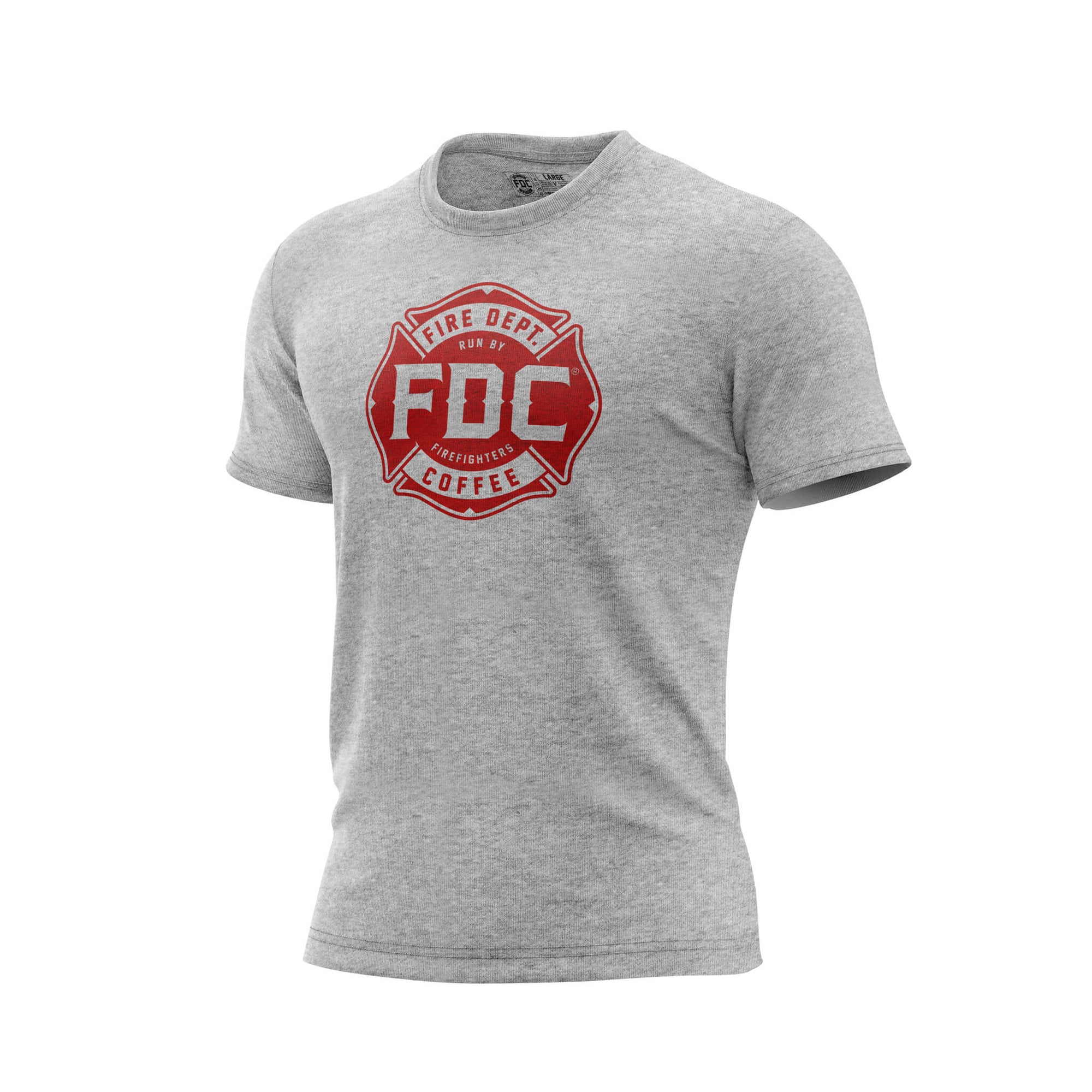 A gray t-shirt with the red Fire Department Coffee maltese cross logo on the front