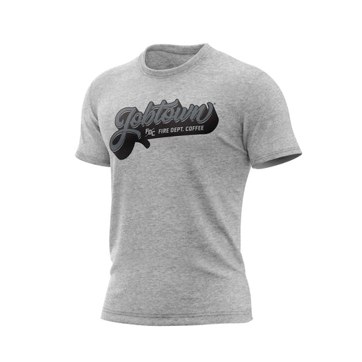 A grey t-shirt that reads, ”Jobtown Fire Dept. Coffee” 