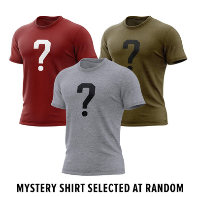 Three Fire Department Coffee Mystery T-Shirts in red, gray, and green with a question mark on each shirt. Underneath the shirts in bold text reads, "Mystery Shirt Selected At Random".