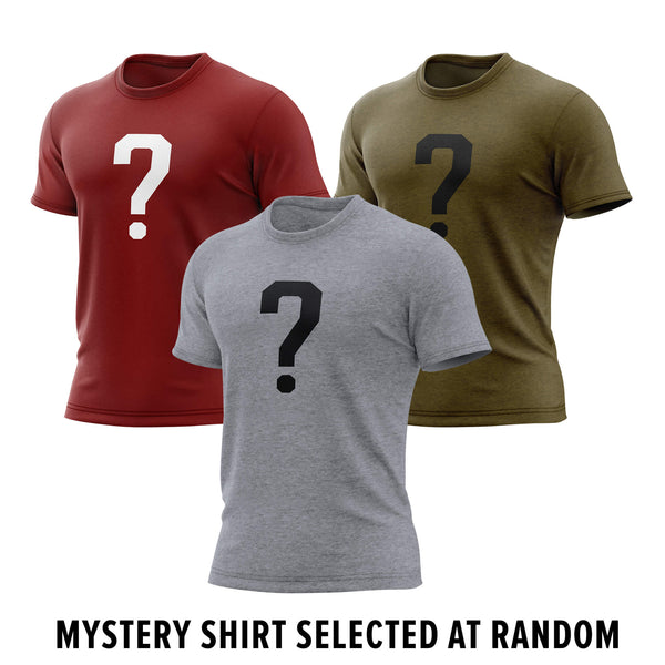 Three Fire Department Coffee Mystery T-Shirts in red, gray, and green with a question mark on each shirt. Underneath the shirts in bold text reads, "Mystery Shirt Selected At Random".