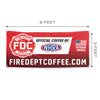 A red banner featuring Fire Department Coffee as the Official Coffee of the NHRA. dimensions are 6 feet by 3 feet