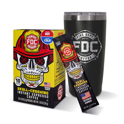 The On The Go Bundle featuring a box of Skull-Crushing Instant Espresso Coffee and a 20oz FDC Black Tumbler on a white background.