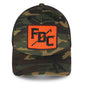 A frontal image of the Pike Pole Camo Hat featuring a green camo design with a neon orange FDC Pike Pole logo.