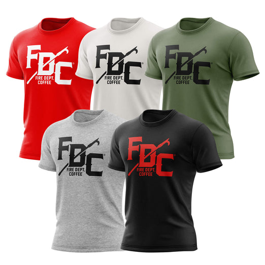 Five Fire Dept. Coffee T-shirts in red, vintage white, military green, heather gray, and black, each featuring a large FDC logo with a pike pole graphic running through it and small ’Fire Dept. Coffee’ text below