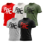 Five Fire Dept. Coffee T-shirts in red, vintage white, military green, heather gray, and black, each featuring a large FDC logo with a pike pole graphic running through it and small ’Fire Dept. Coffee’ text below