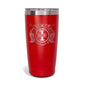 A red tumbler with a maltese cross flag design. The center of the design says ENGINE