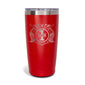 A red tumbler with a maltese cross flag design. The center of the design says LADDER