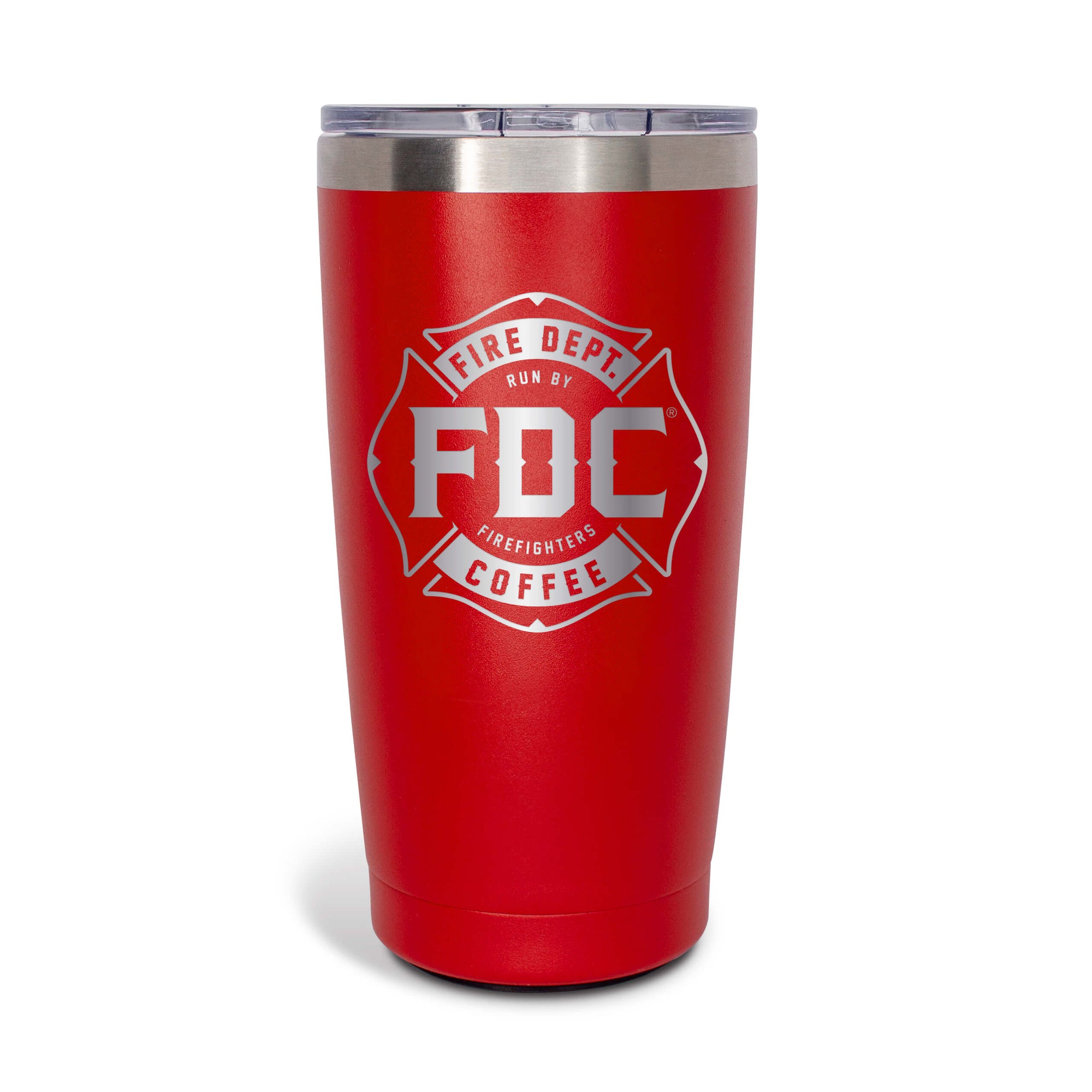 A 20 oz red tumbler with the FDC maltese cross logo engrave on the front.
